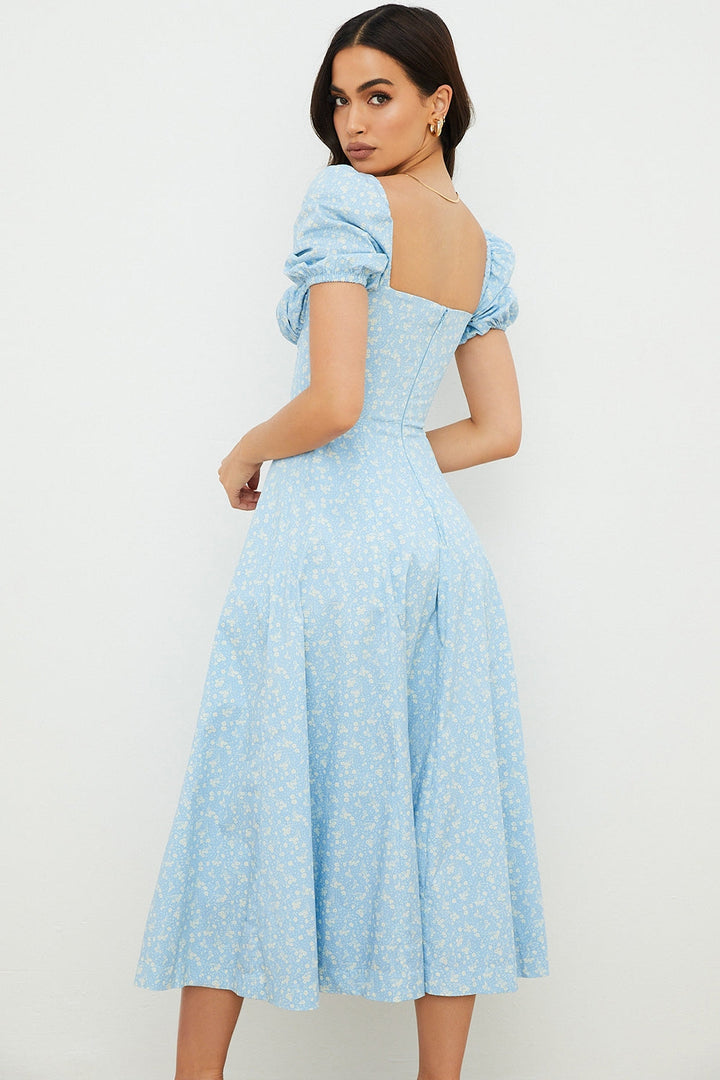 Blue Dusk Puff Sleeve Midi Elbise