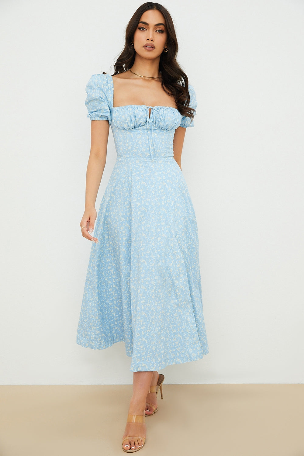 Blue Dusk Puff Sleeve Midi Elbise