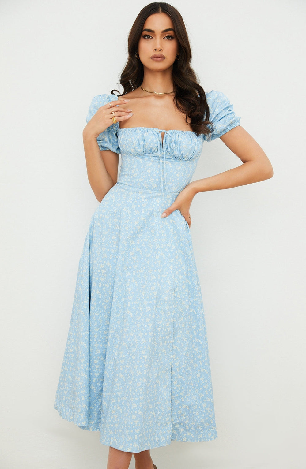 Blue Dusk Puff Sleeve Midi Elbise