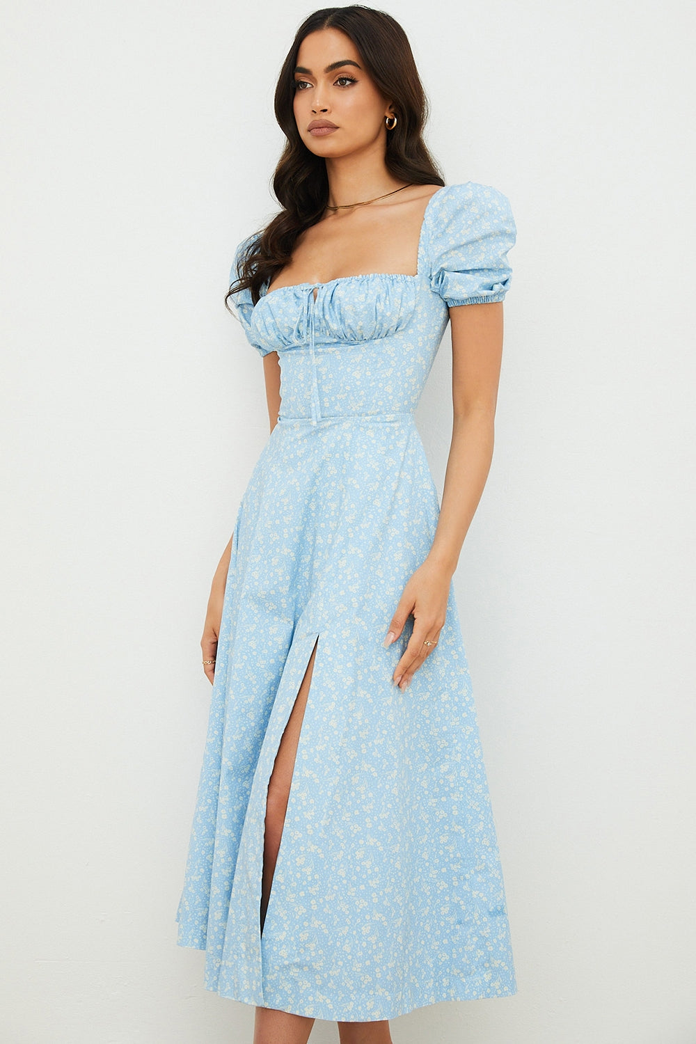 Blue Dusk Puff Sleeve Midi Elbise