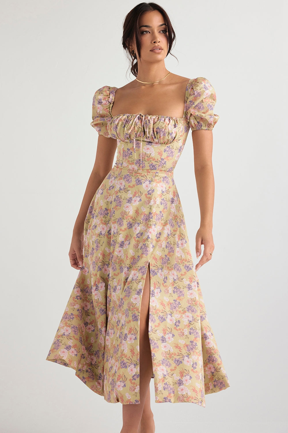 Golden Bloom Puff Sleeve Midi Elbise