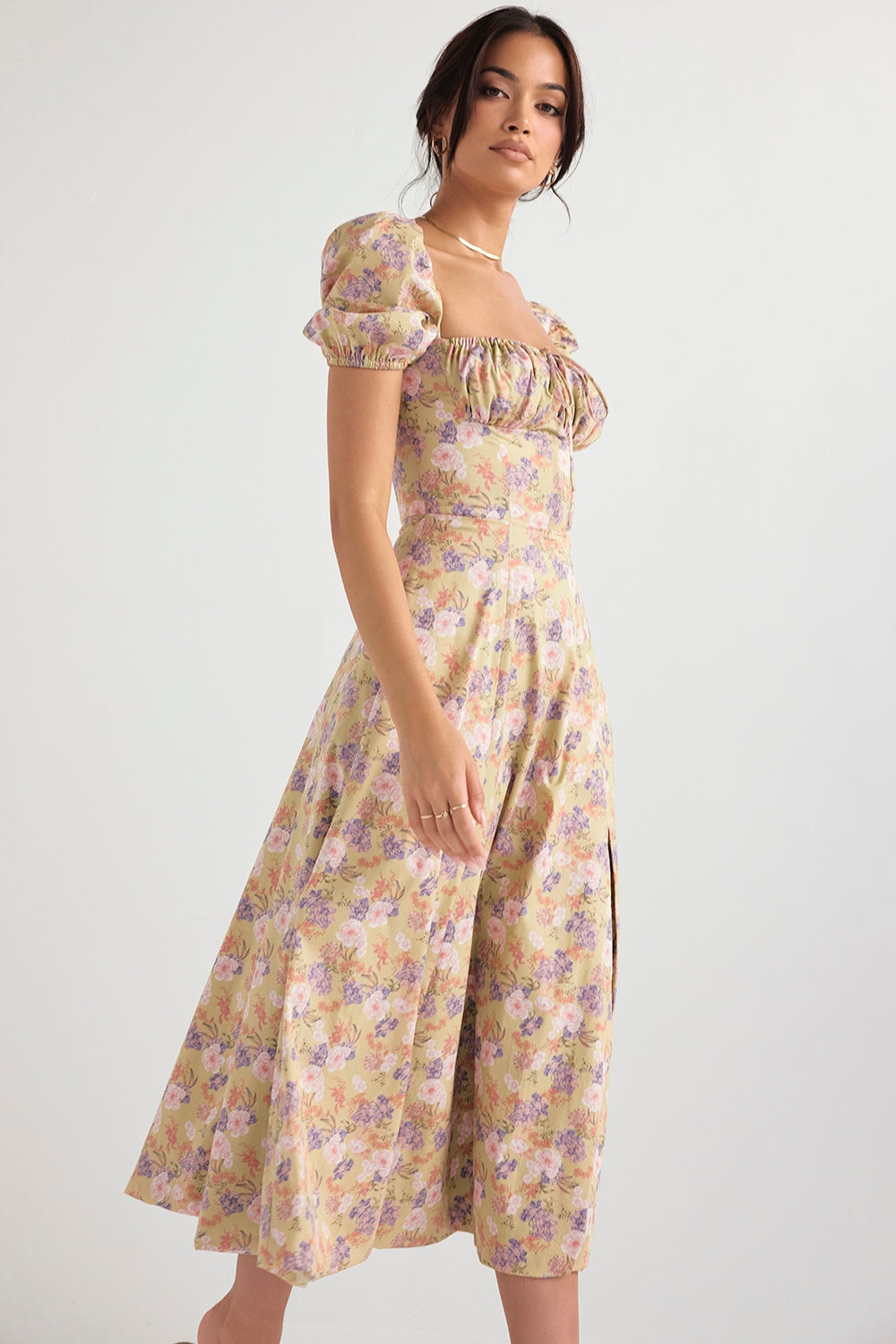 Golden Bloom Puff Sleeve Midi Elbise