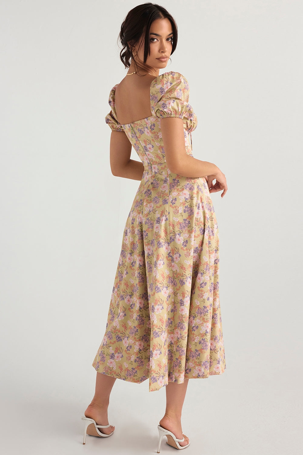 Golden Bloom Puff Sleeve Midi Elbise