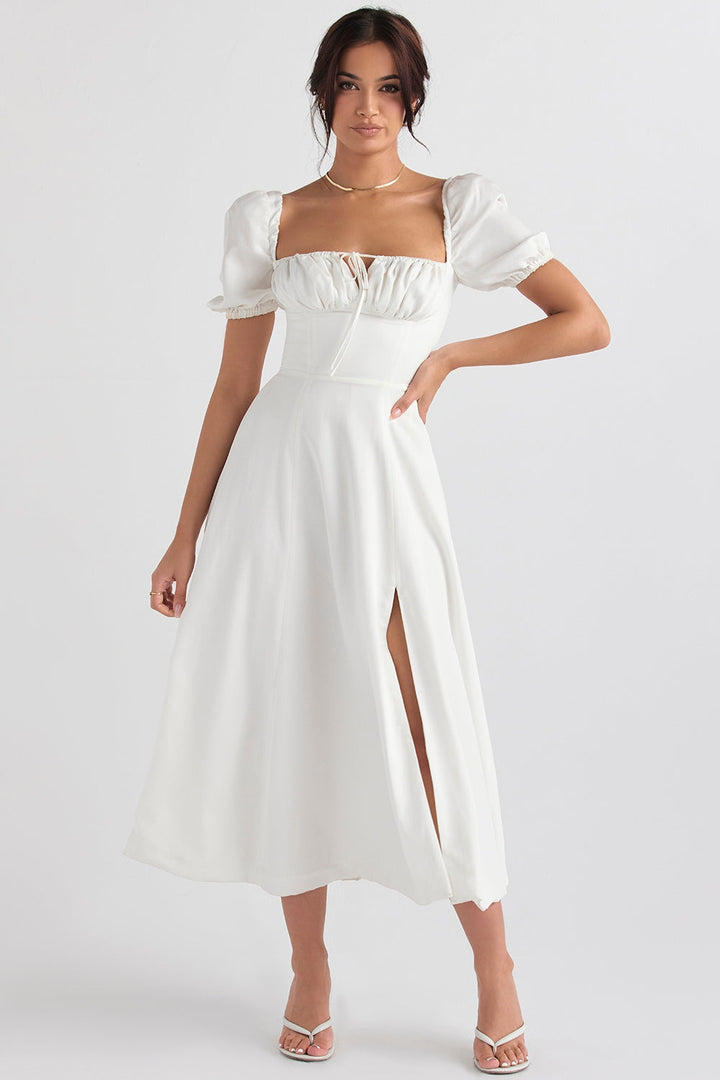 Ivory Grace Puff Sleeve Midi Elbise