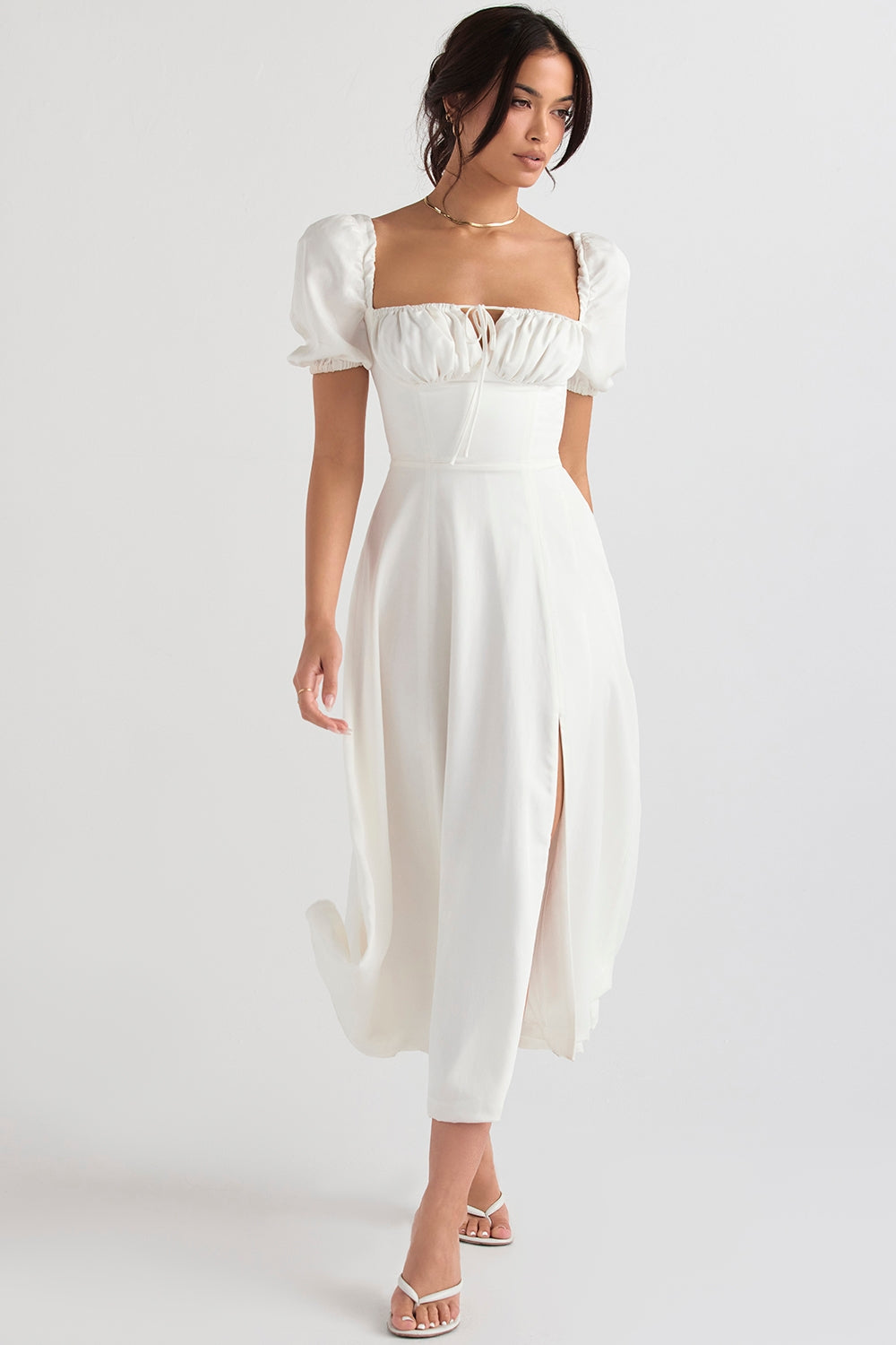 Ivory Grace Puff Sleeve Midi Elbise