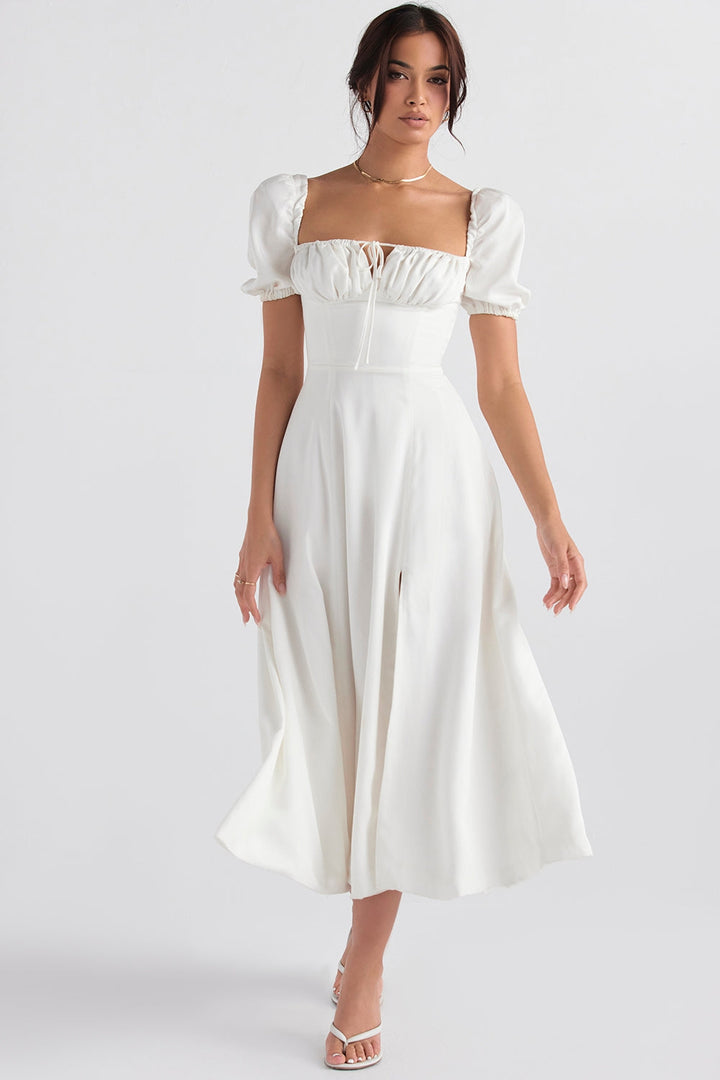 Ivory Grace Puff Sleeve Midi Elbise