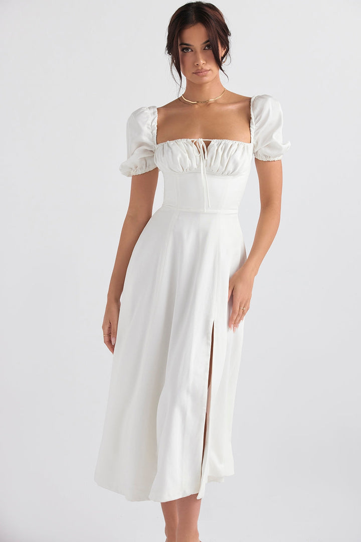 Ivory Grace Puff Sleeve Midi Elbise