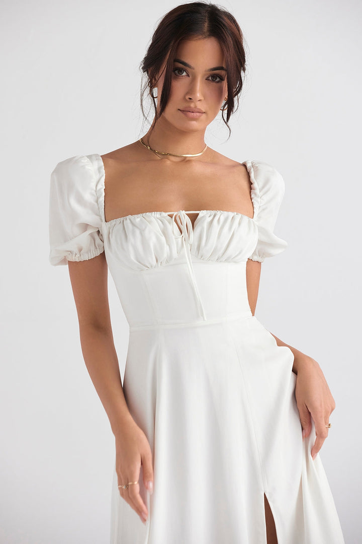 Ivory Grace Puff Sleeve Midi Elbise