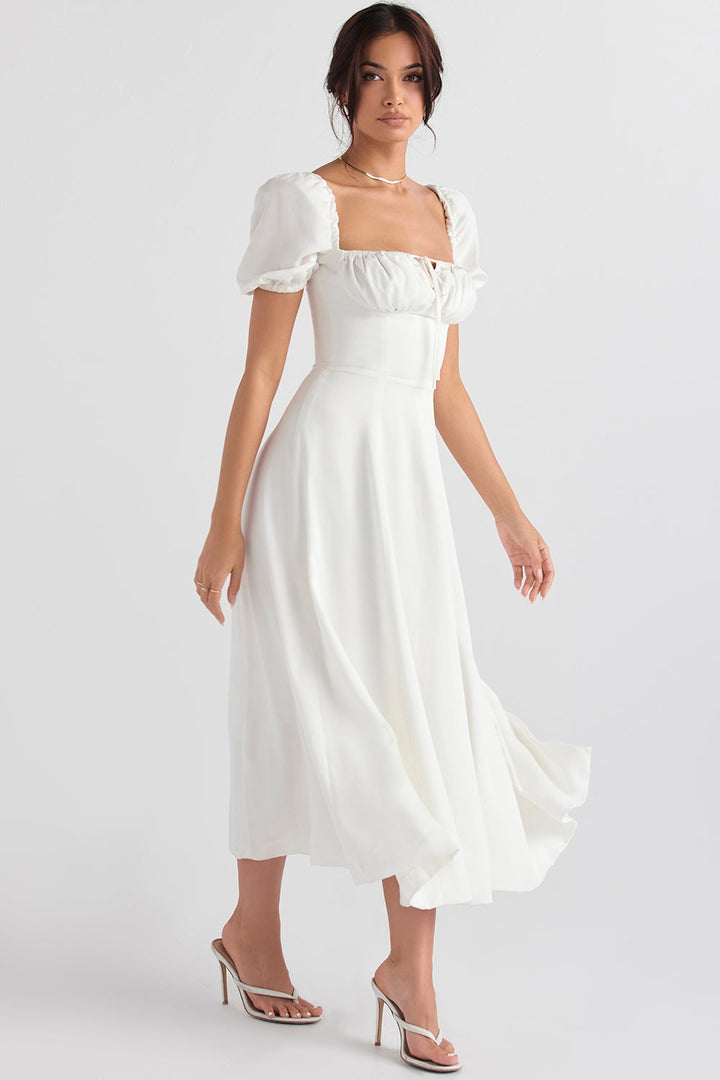 Ivory Grace Puff Sleeve Midi Elbise