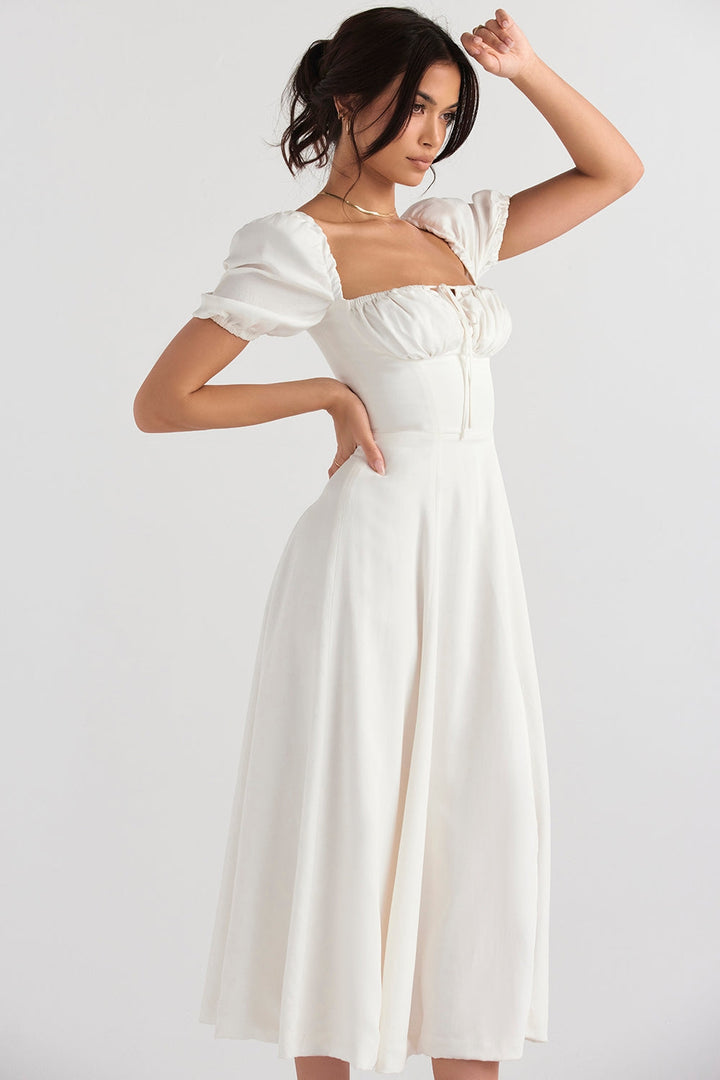 Ivory Grace Puff Sleeve Midi Elbise