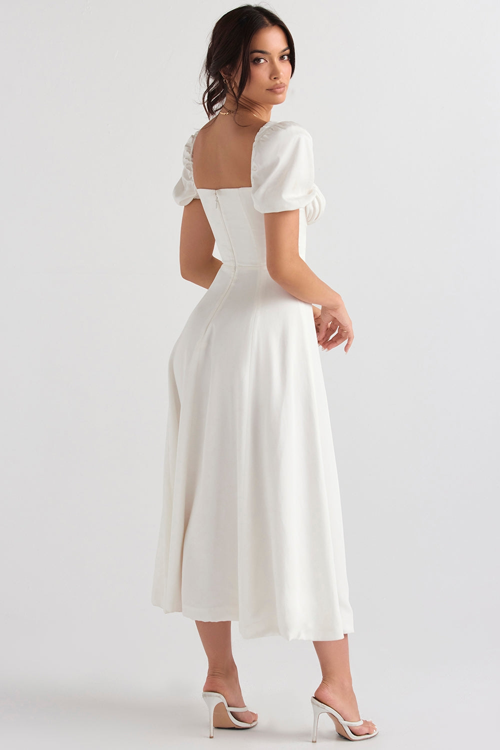 Ivory Grace Puff Sleeve Midi Elbise