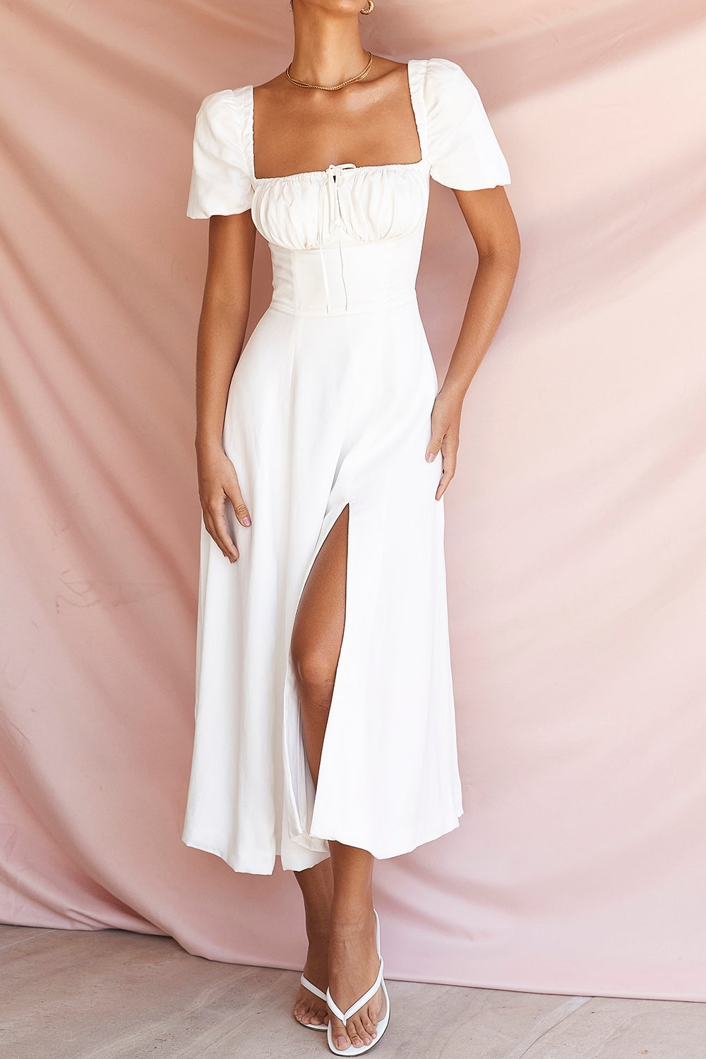 Ivory Grace Puff Sleeve Midi Elbise