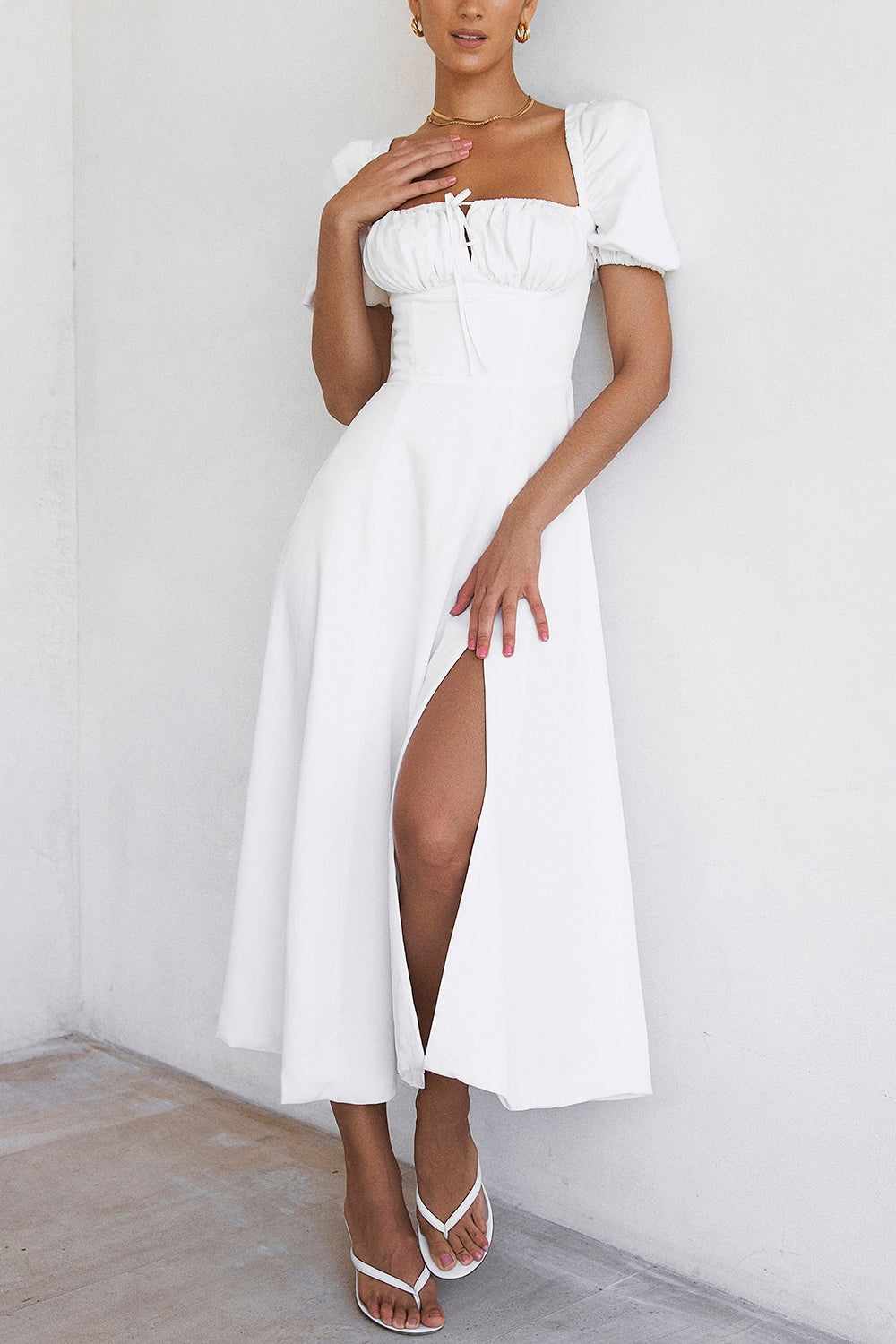 Ivory Grace Puff Sleeve Midi Elbise