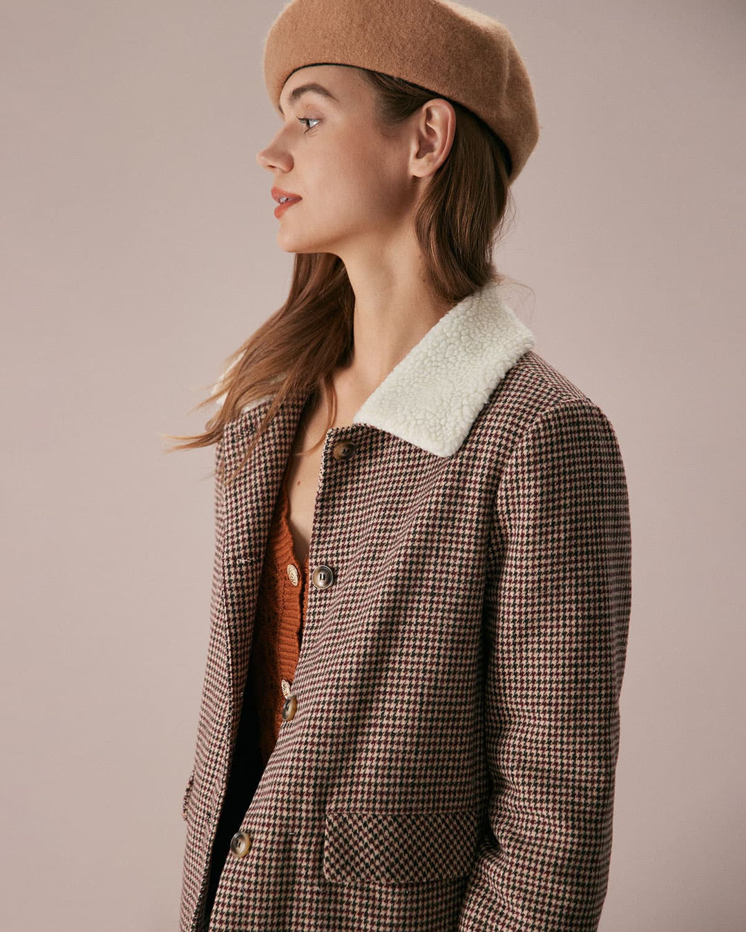 Kahverengi Lapel Teddy Houndstooth Ceket